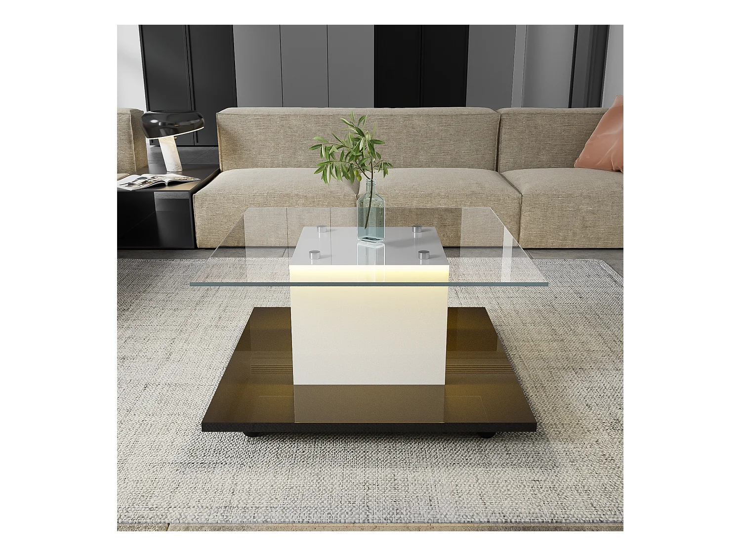 Table basse carré 80x80x40cm, plateau en verre brillant, table LED avec roulettes pivotantes, Blanc+Noir