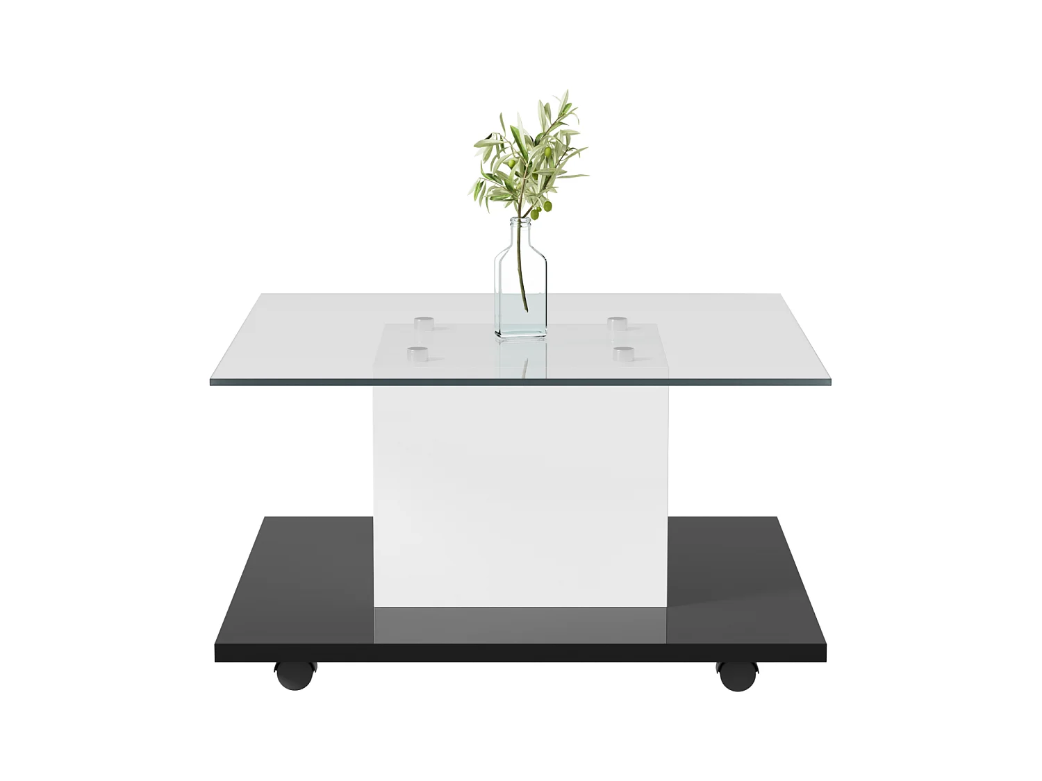 Table basse carré 80x80x40cm, plateau en verre brillant, table LED avec roulettes pivotantes, Blanc+Noir