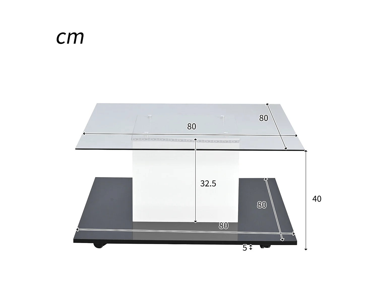 Table basse carré 80x80x40cm, plateau en verre brillant, table LED avec roulettes pivotantes, Blanc+Noir
