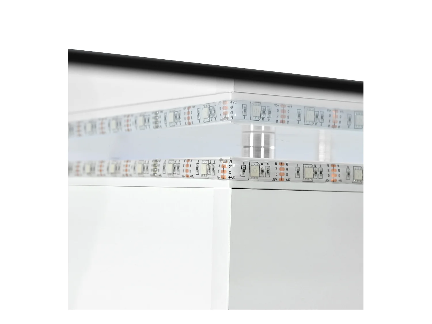 Table basse carré 80x80x40cm, plateau en verre brillant, table LED avec roulettes pivotantes, Blanc+Noir