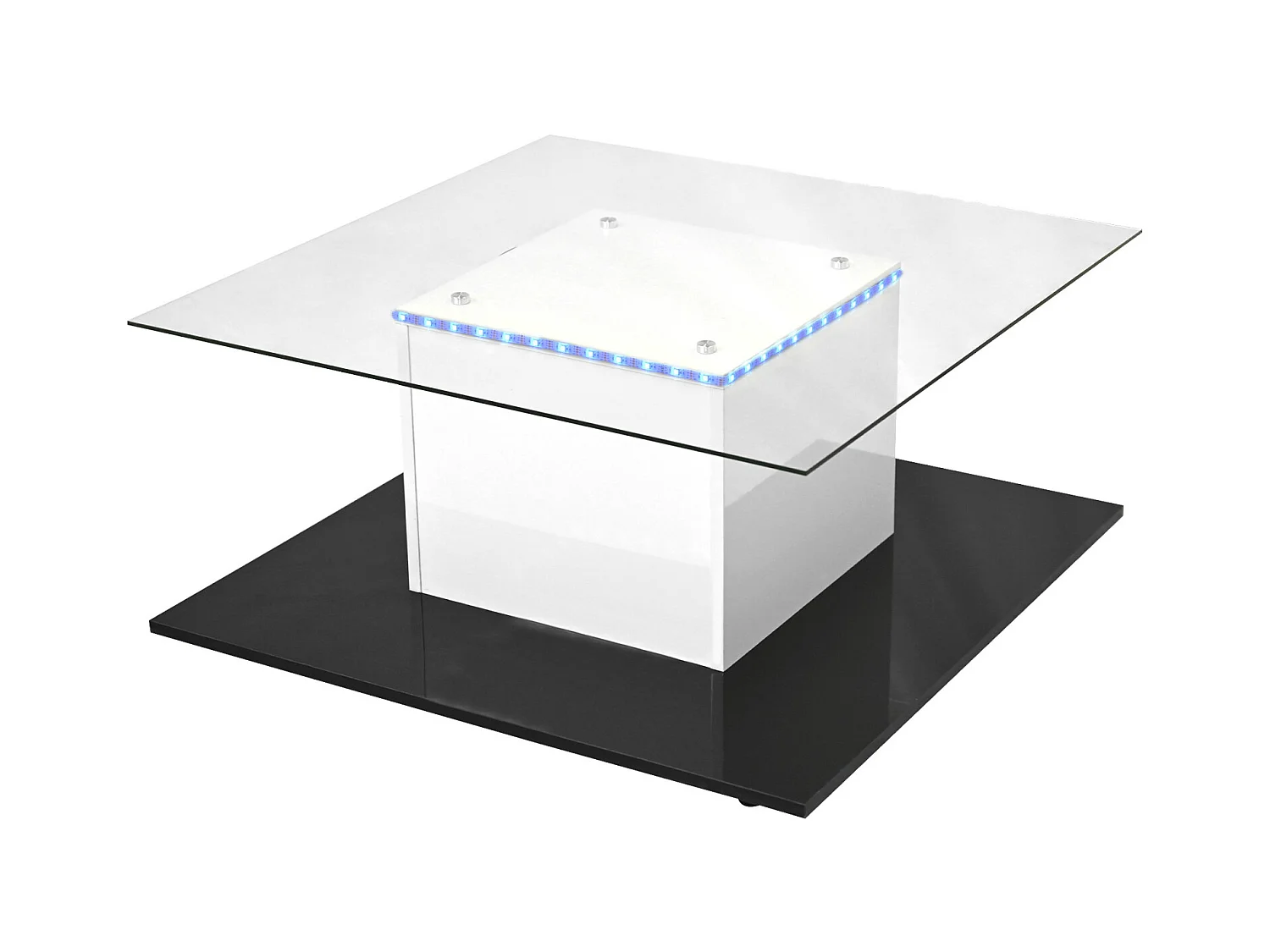 Table basse carré 80x80x40cm, plateau en verre brillant, table LED avec roulettes pivotantes, Blanc+Noir