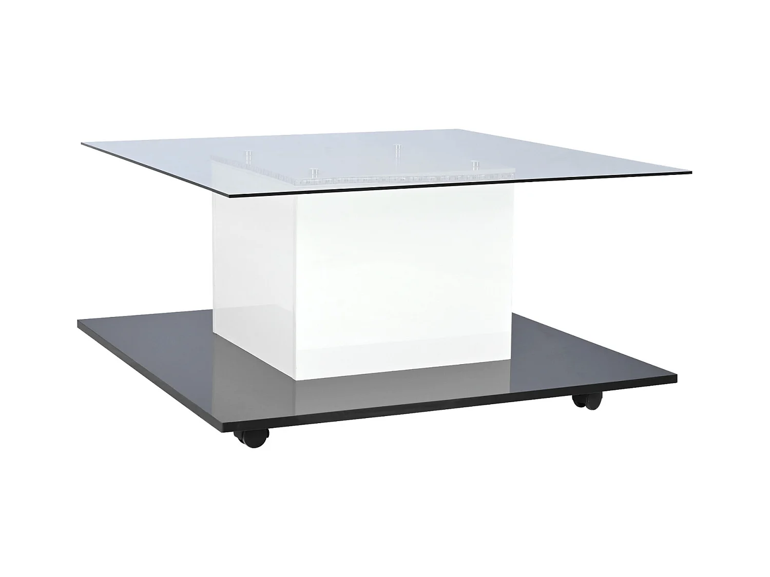 Table basse carré 80x80x40cm, plateau en verre brillant, table LED avec roulettes pivotantes, Blanc+Noir