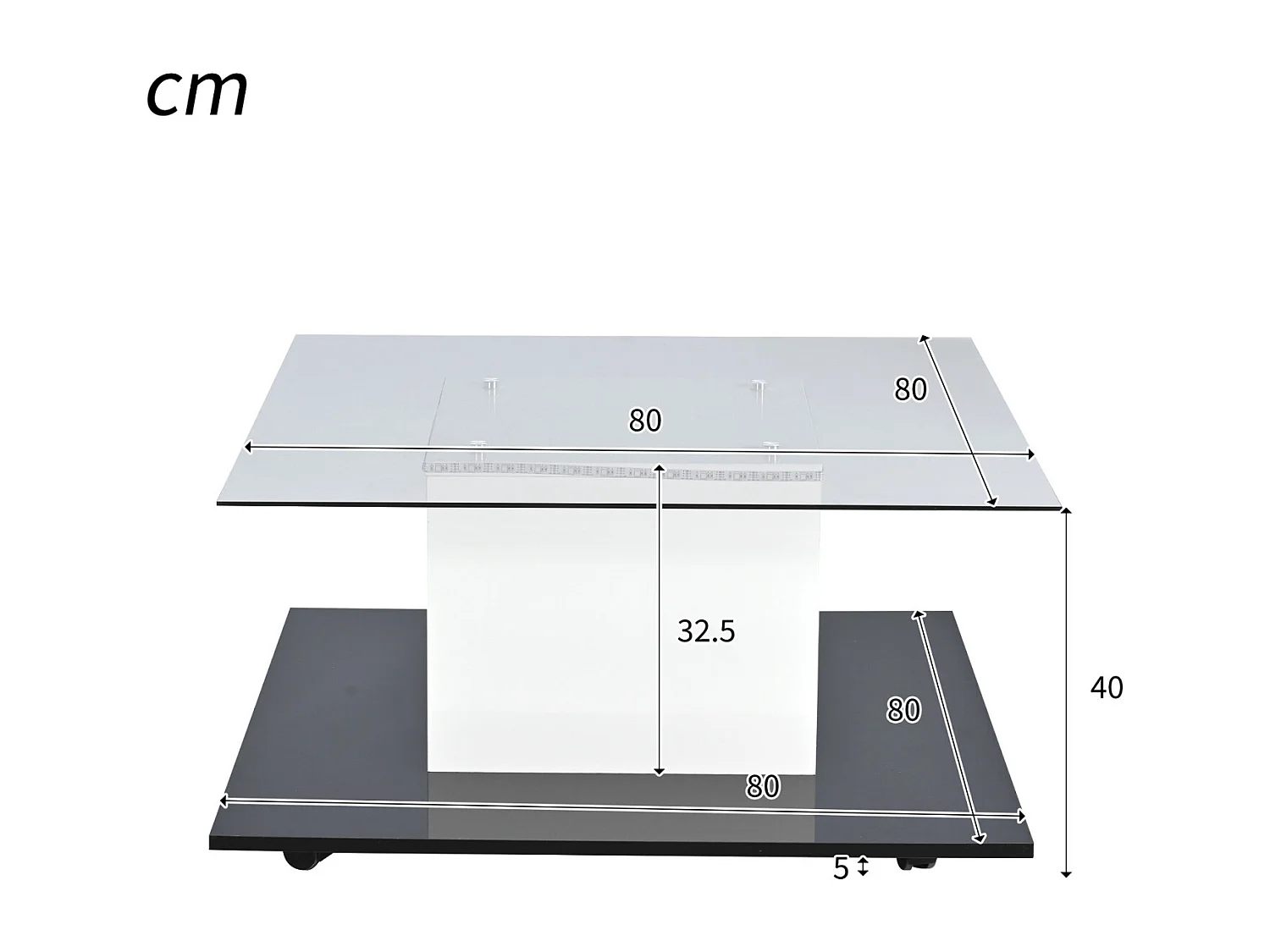 Table basse carré 80x80x40cm, plateau en verre brillant, table LED avec roulettes pivotantes, Blanc+Noir