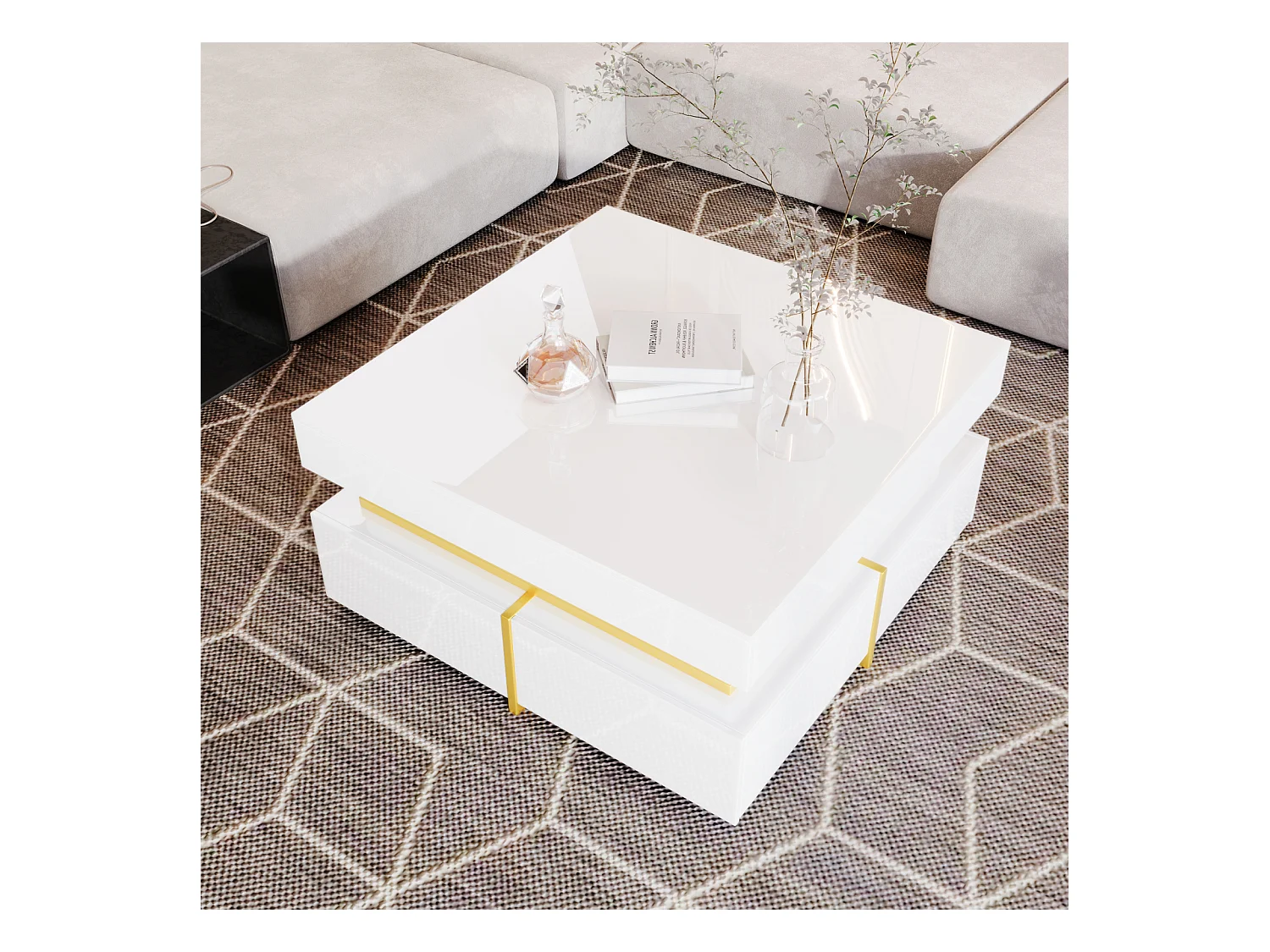 Table basse 70x70cmx35.5, table carré haute brillance avec tiroirs et accents dorés, blanc