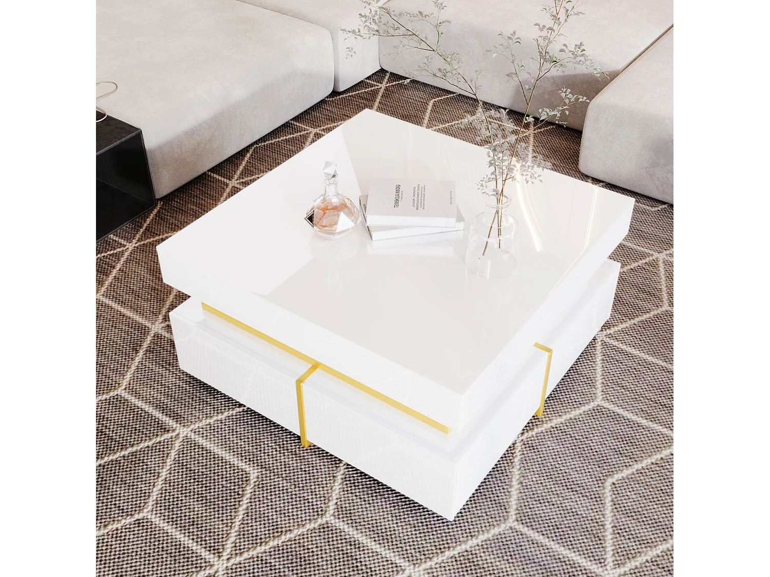 Table basse 70x70cmx35.5, table carré haute brillance avec tiroirs et accents dorés, blanc