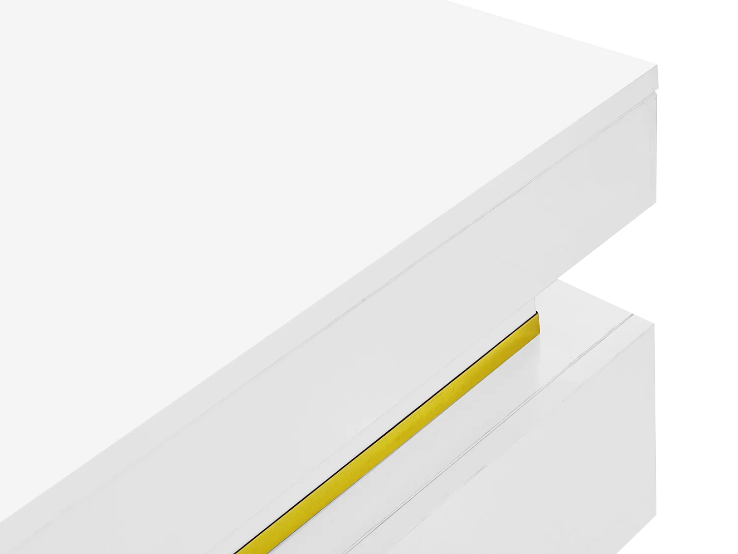 Table basse 70x70cmx35.5, table carré haute brillance avec tiroirs et accents dorés, blanc