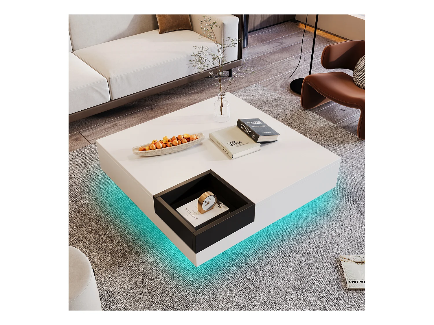 Table basse LED carré 72x72x30 cm, table de salon, table d'appoint avec boîte de rangement amovible, coloris blanc