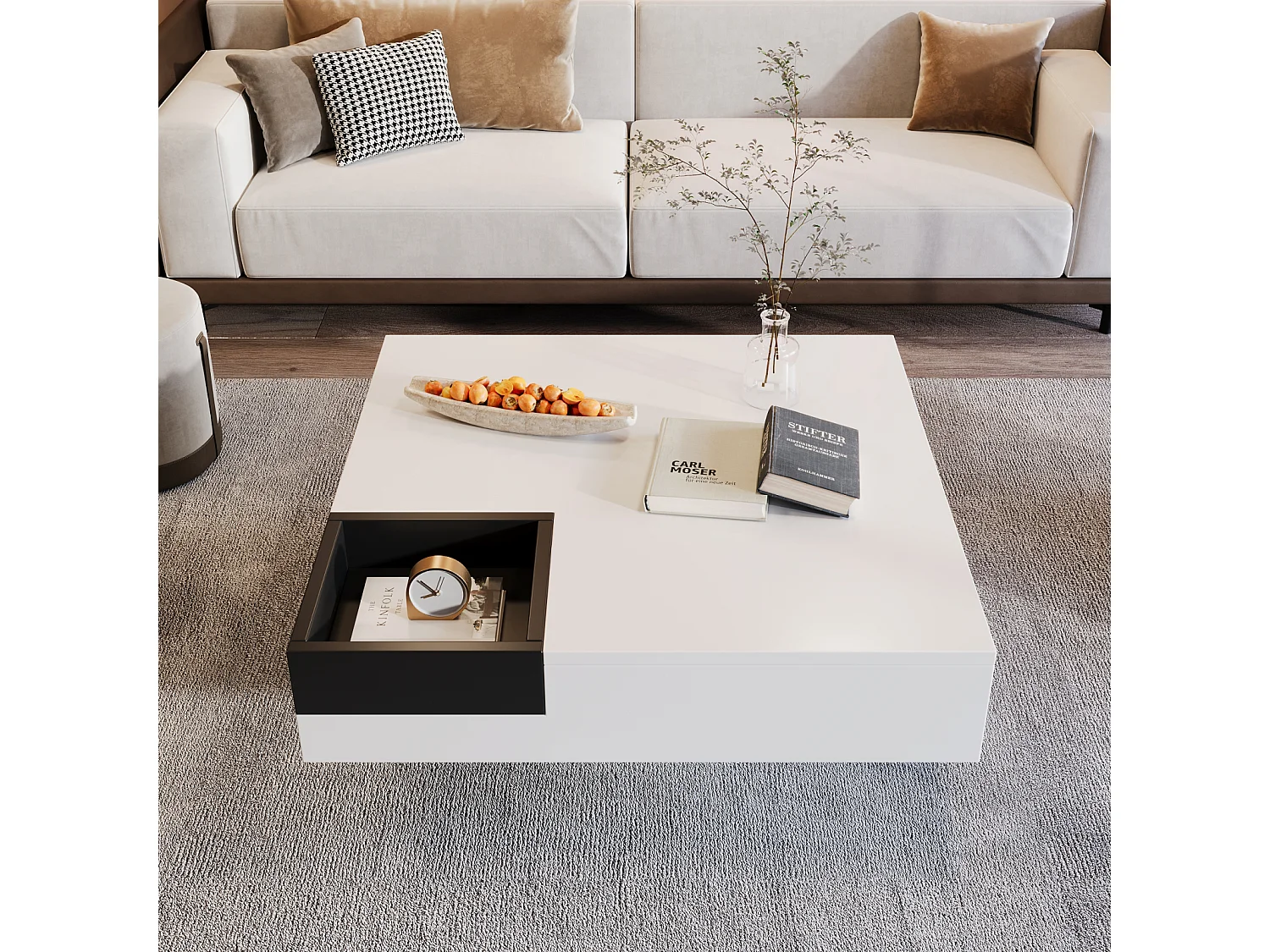 Table basse LED carré 72x72x30 cm, table de salon, table d'appoint avec boîte de rangement amovible, coloris blanc