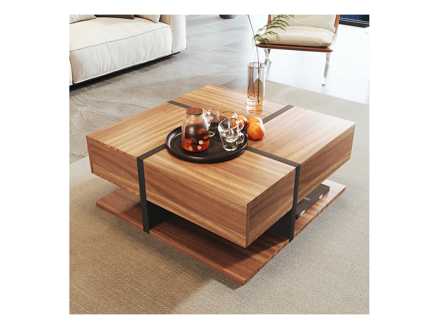 Table basse carrée haute brillance, avec 4 tiroirs, design uniques, espace de rangement en bas, 78x78x36cm naturel