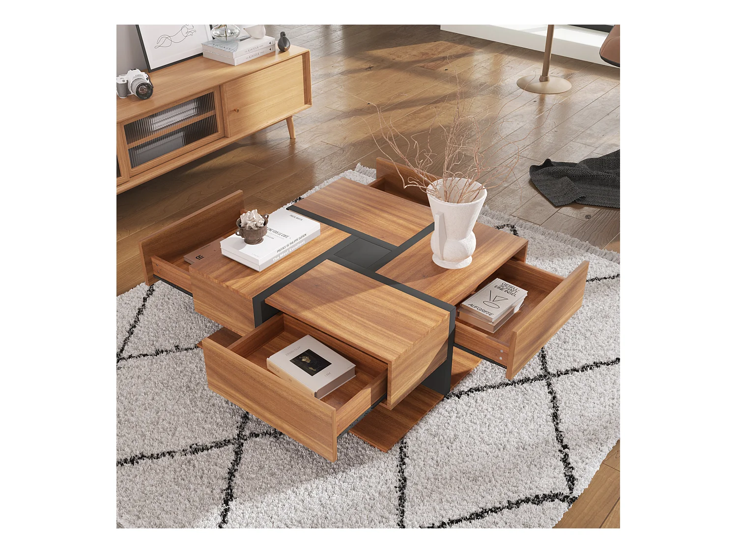 Table basse carrée haute brillance, avec 4 tiroirs, design uniques, espace de rangement en bas, 78x78x36cm naturel