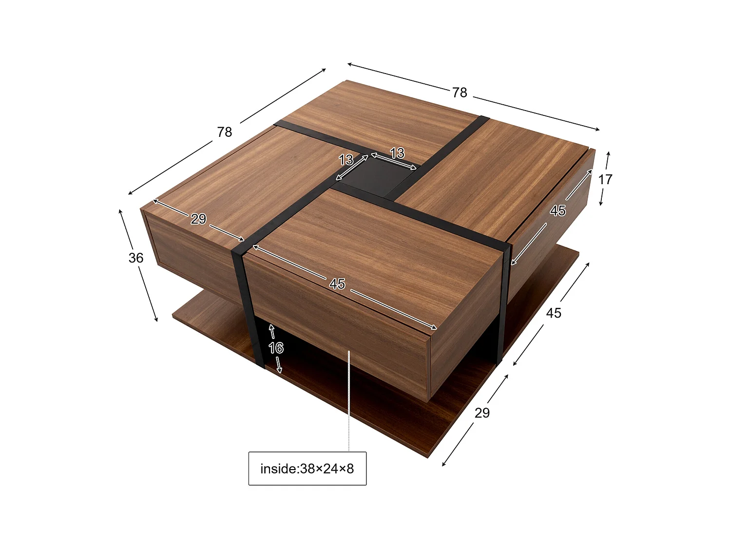 Table basse carrée haute brillance, avec 4 tiroirs, design uniques, espace de rangement en bas, 78x78x36cm naturel