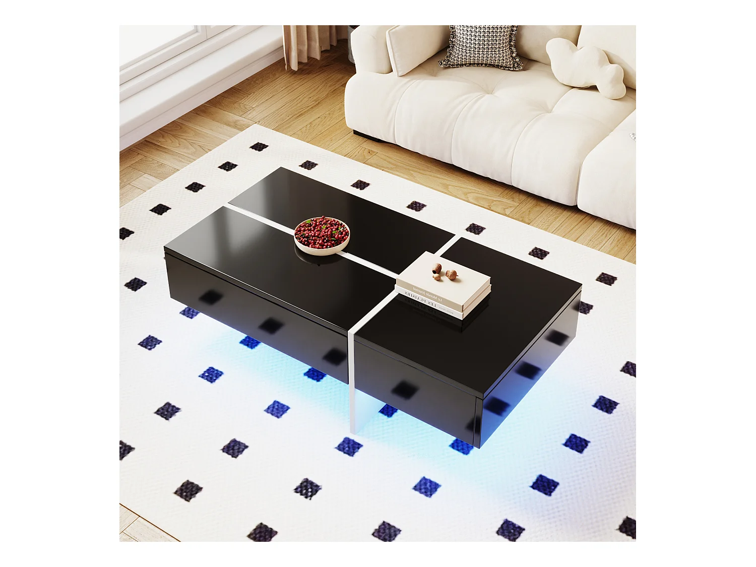 Glanzende salontafel, structuur met wit marmereffect en bijpassende zwarte tafel met led's