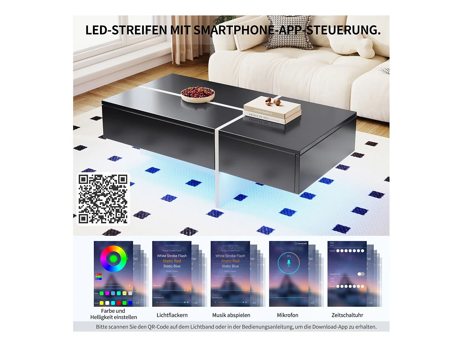 Glanzende salontafel, structuur met wit marmereffect en bijpassende zwarte tafel met led's