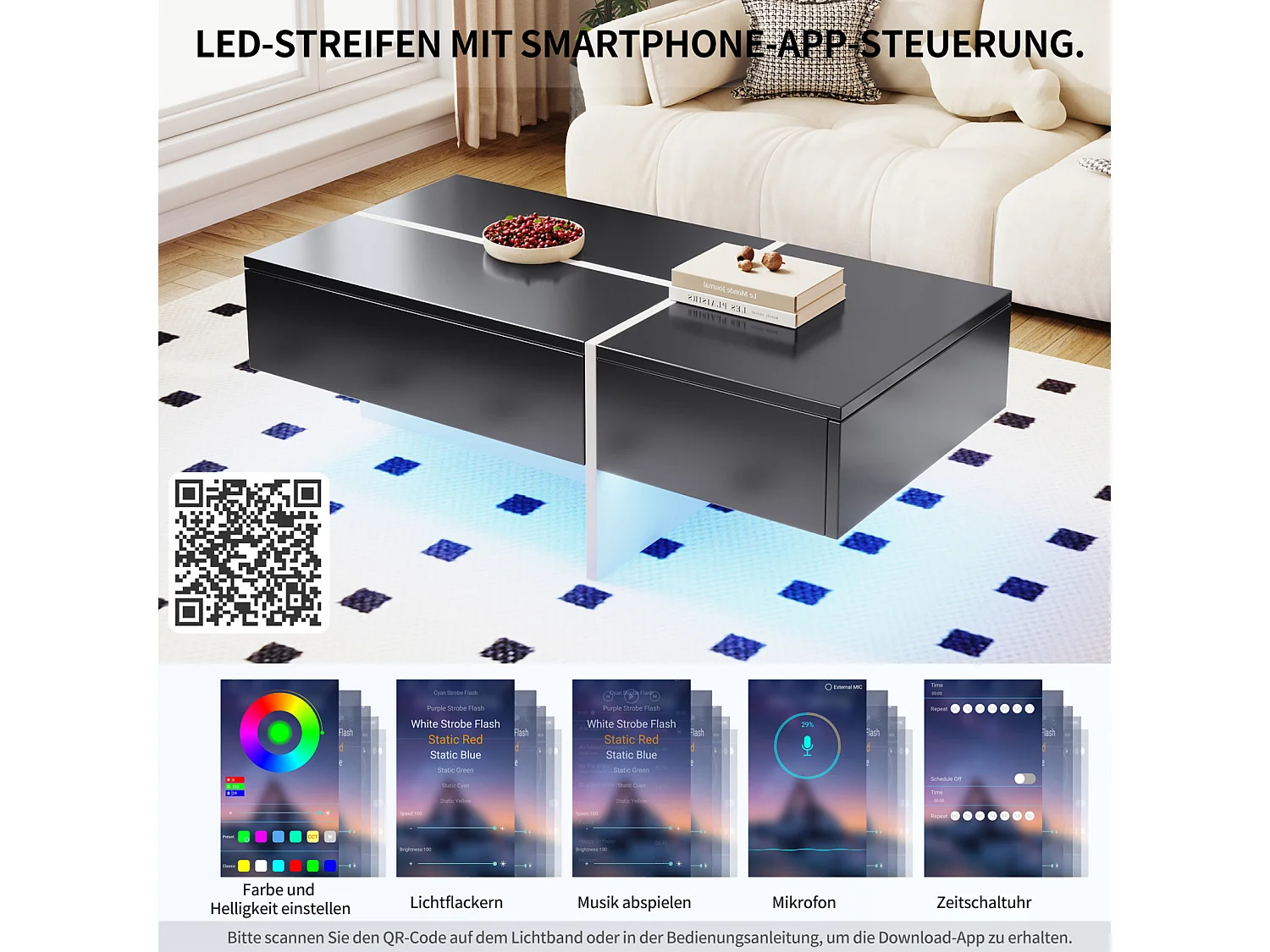 Mesa de centro brilhante, estrutura com efeito mármore branco e mesa preta combinando com LEDs