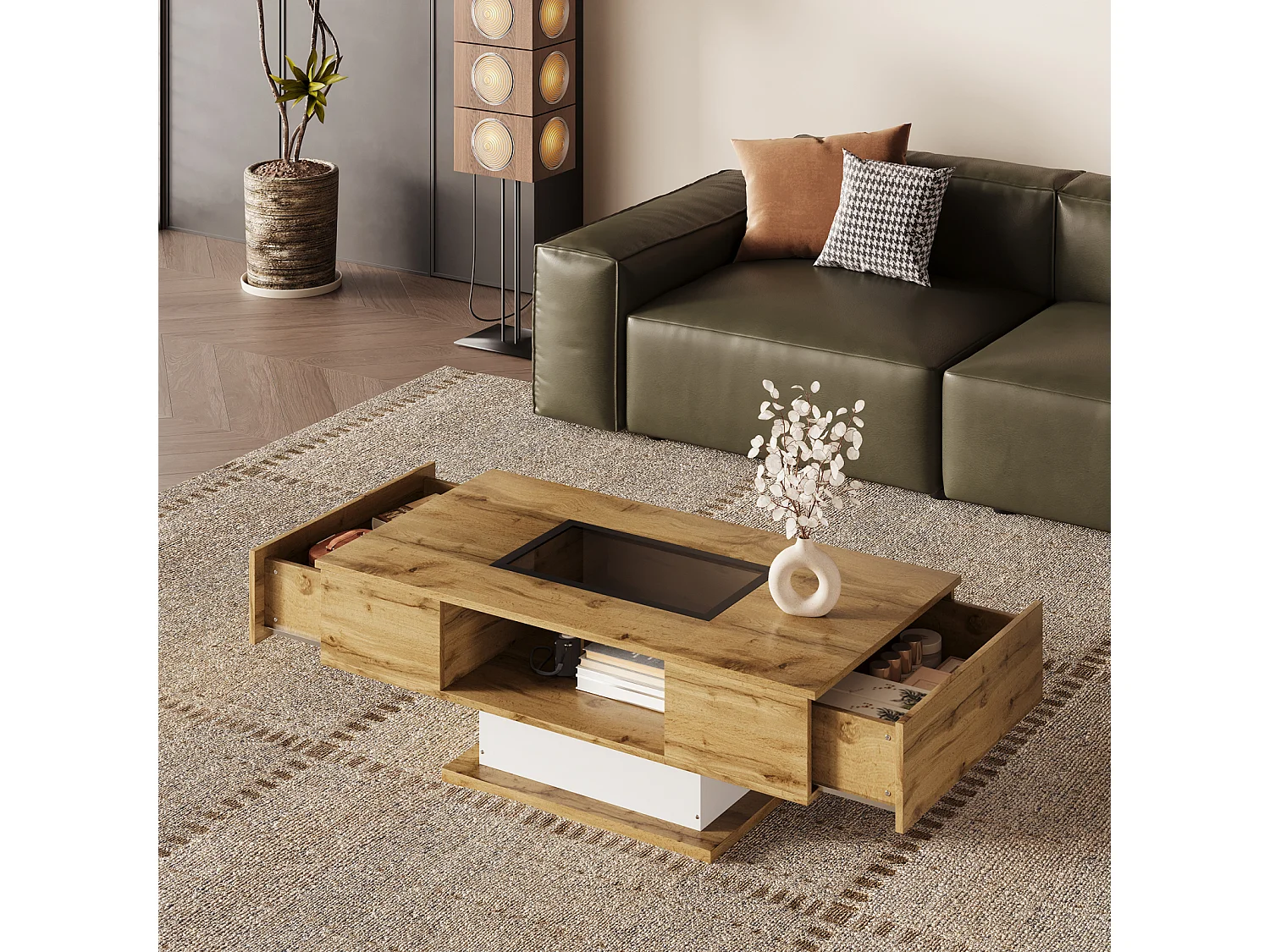 Table basse, table de salon avec lumière LED et deux tiroirs, 110,2x60x39,7cm, couleur bois