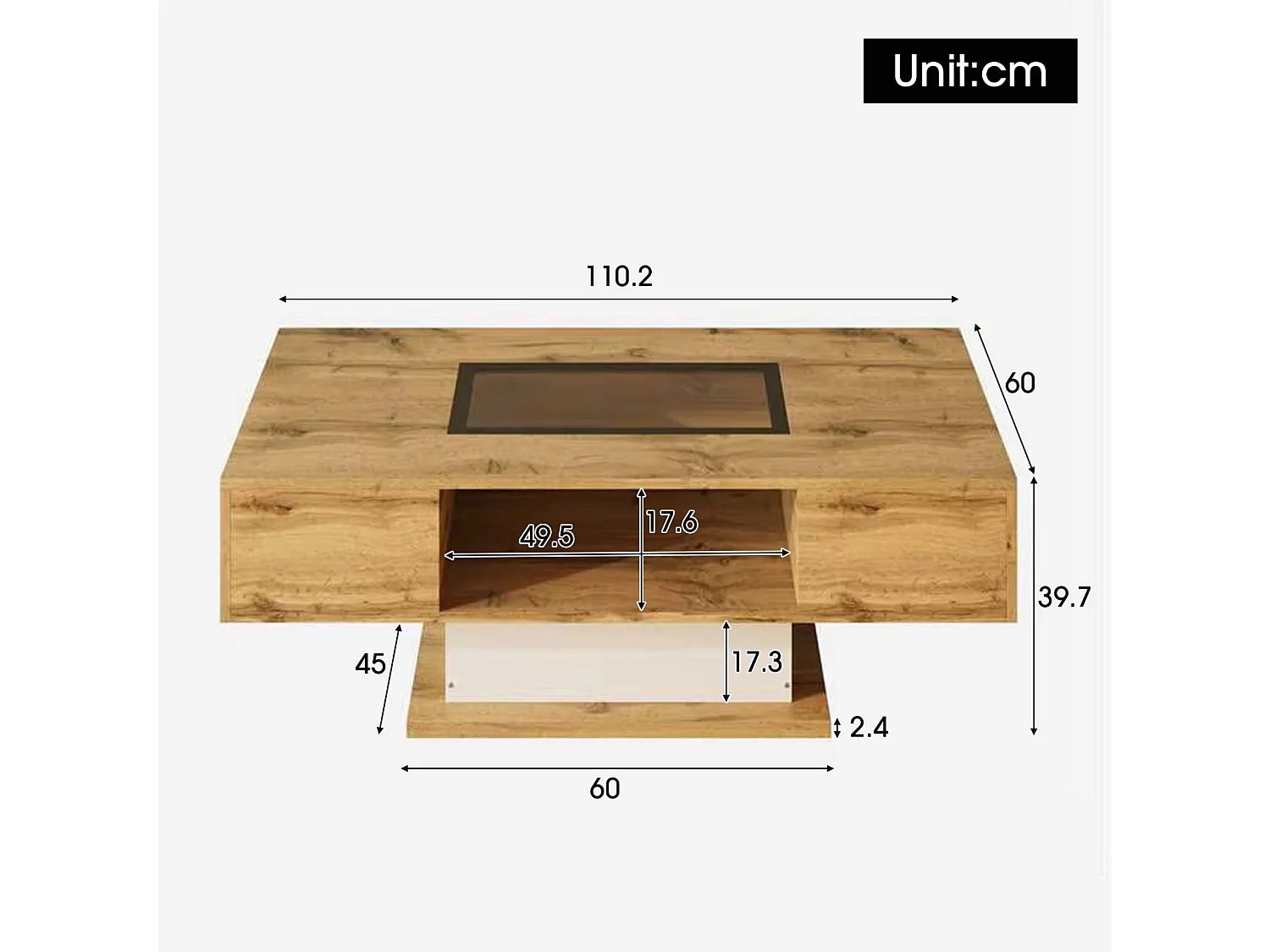 Table basse, table de salon avec lumière LED et deux tiroirs, 110,2x60x39,7cm, couleur bois