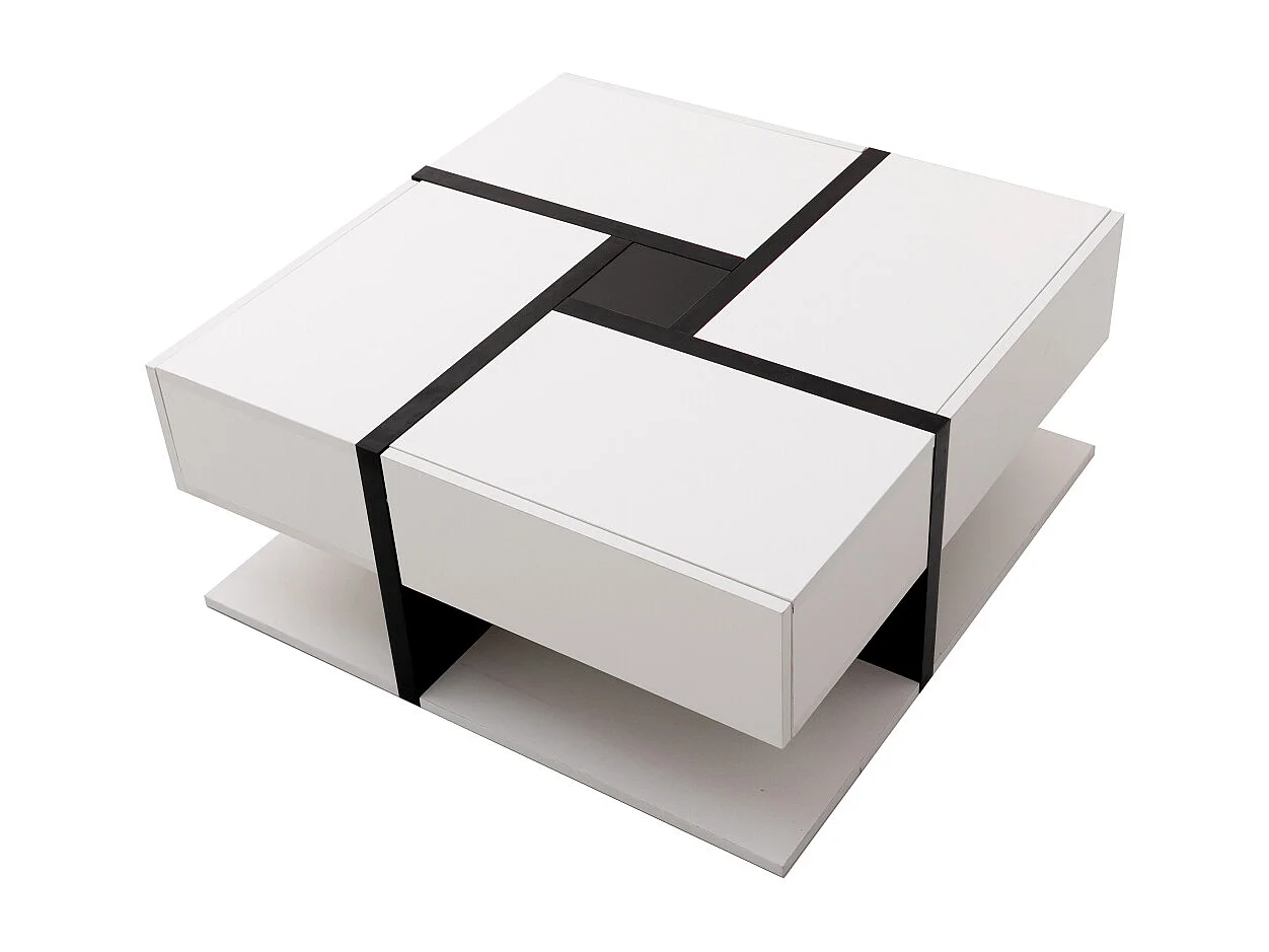 Hoogglans vierkante salontafel, met 4 lades, uniek design, opbergruimte onderin, 78x78x36cm wit