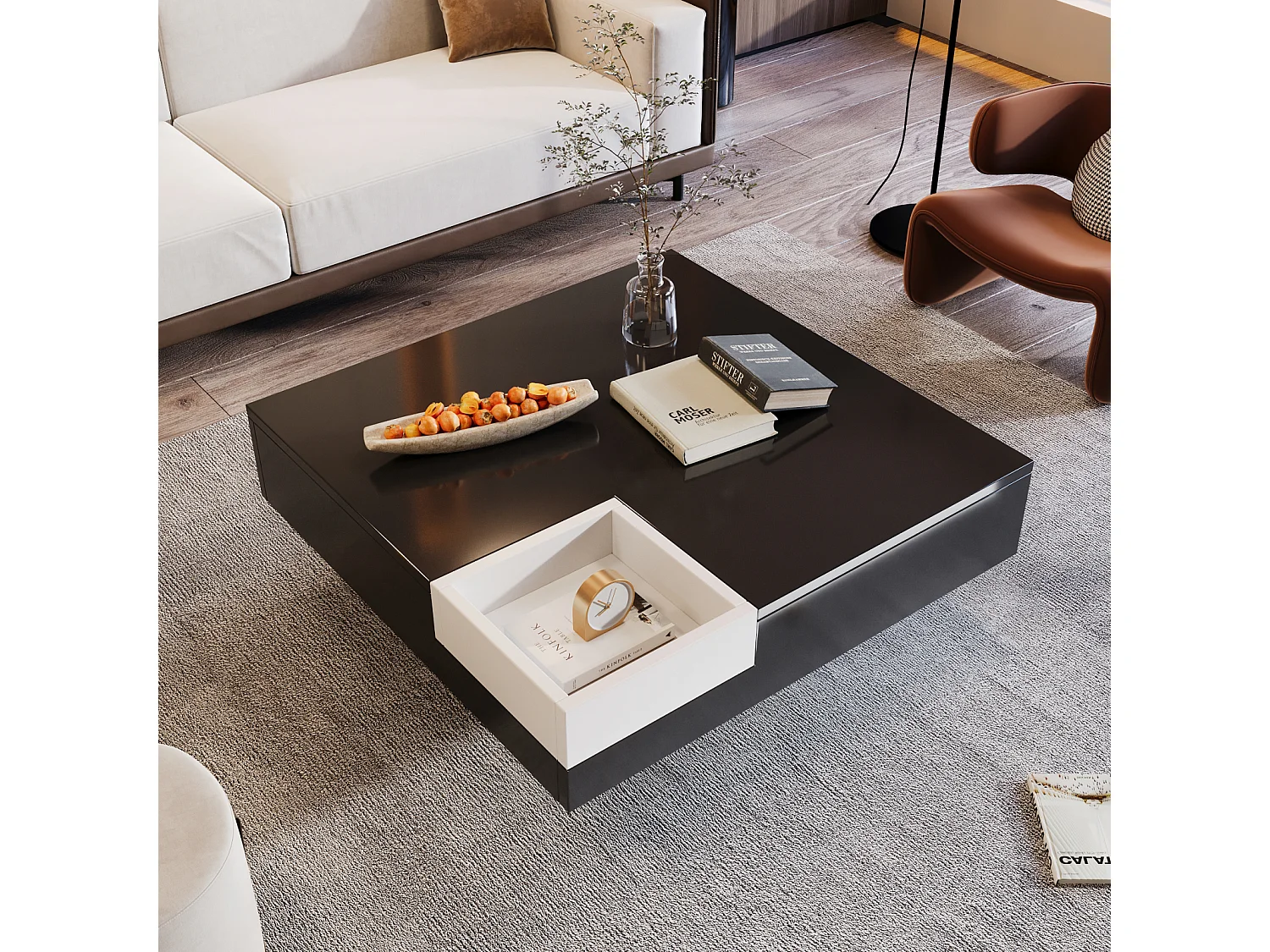 Vierkante LED salontafel 72x72x30 cm, salontafel, bijzettafel met uitneembare opbergdoos, kleur zwart