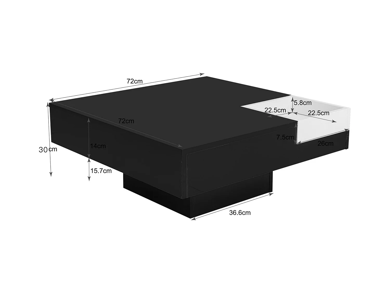 Table basse LED carré 72x72x30 cm, table de salon, table d'appoint avec boîte de rangement amovible, coloris noir
