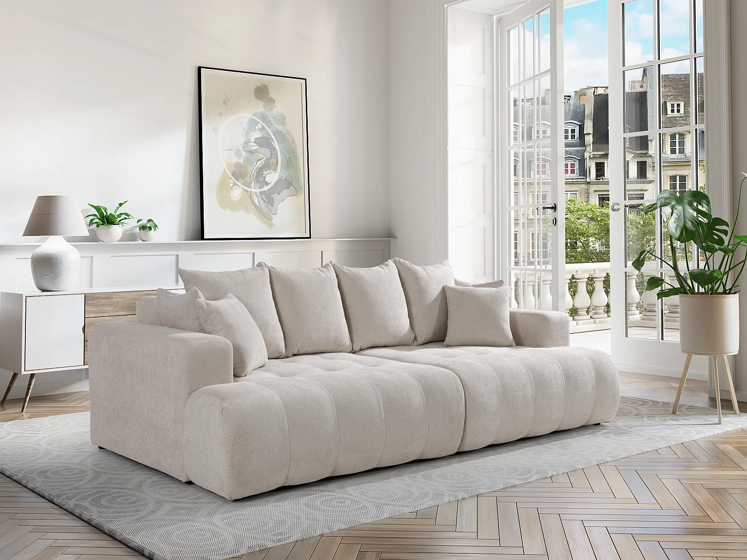 Sofa 4-Sitzer - tiefe Komfortsitzfläche - Strukturstoff - Beige - MOTINO