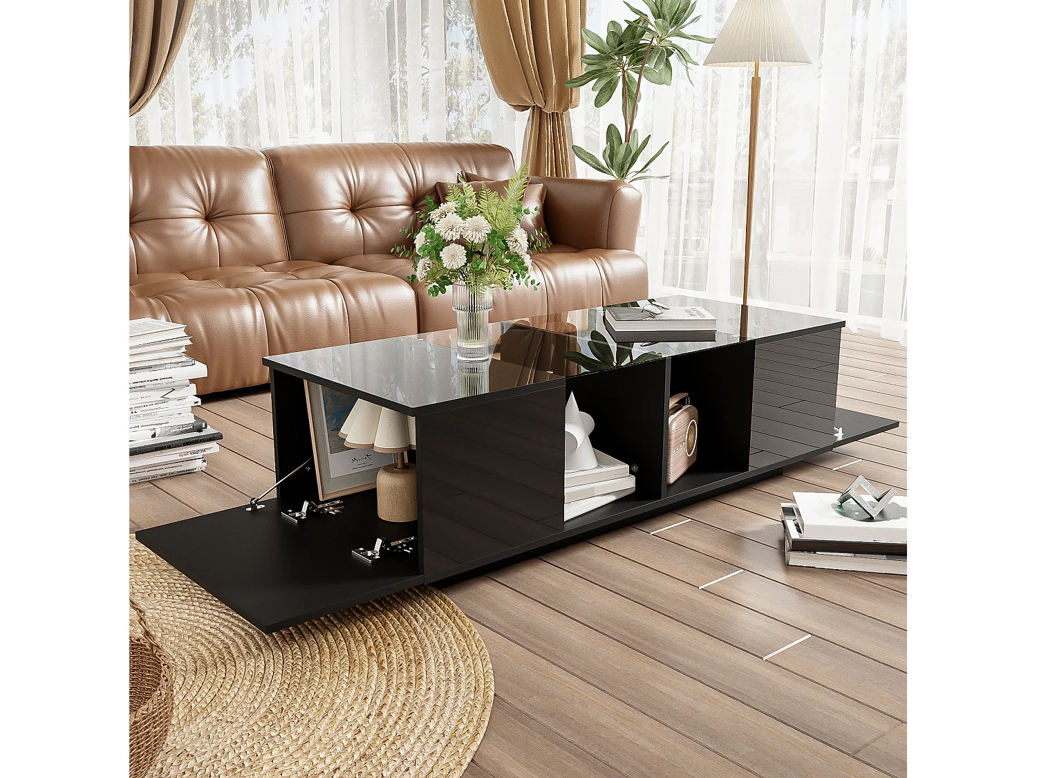 Salontafel met multi-color LED - 2 neerklapbare deuren en glazen plank - Zwart