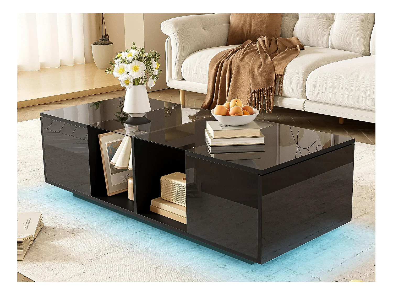Table basse avec LED multicolore - 2 portes abattantes et étagère en verre - Noir
