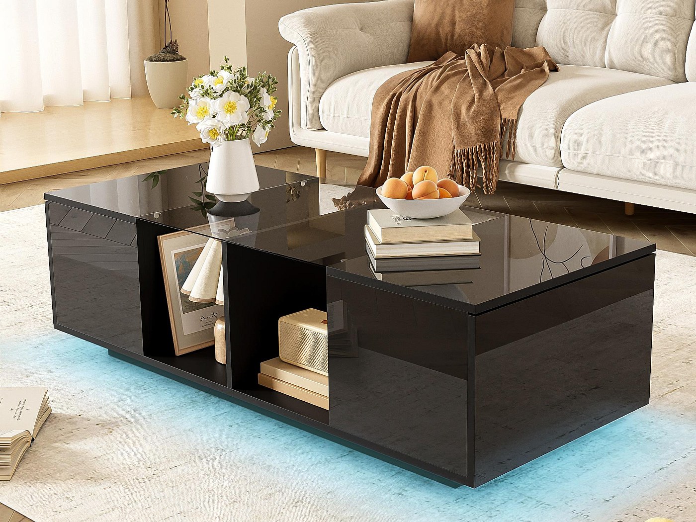 Table basse avec lumineux LED multicolores brillante - 2 portes et ...