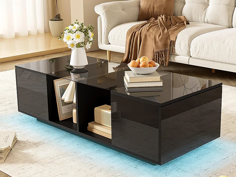Table basse avec LED multicolore - 2 portes abattantes et étagère en verre - Noir