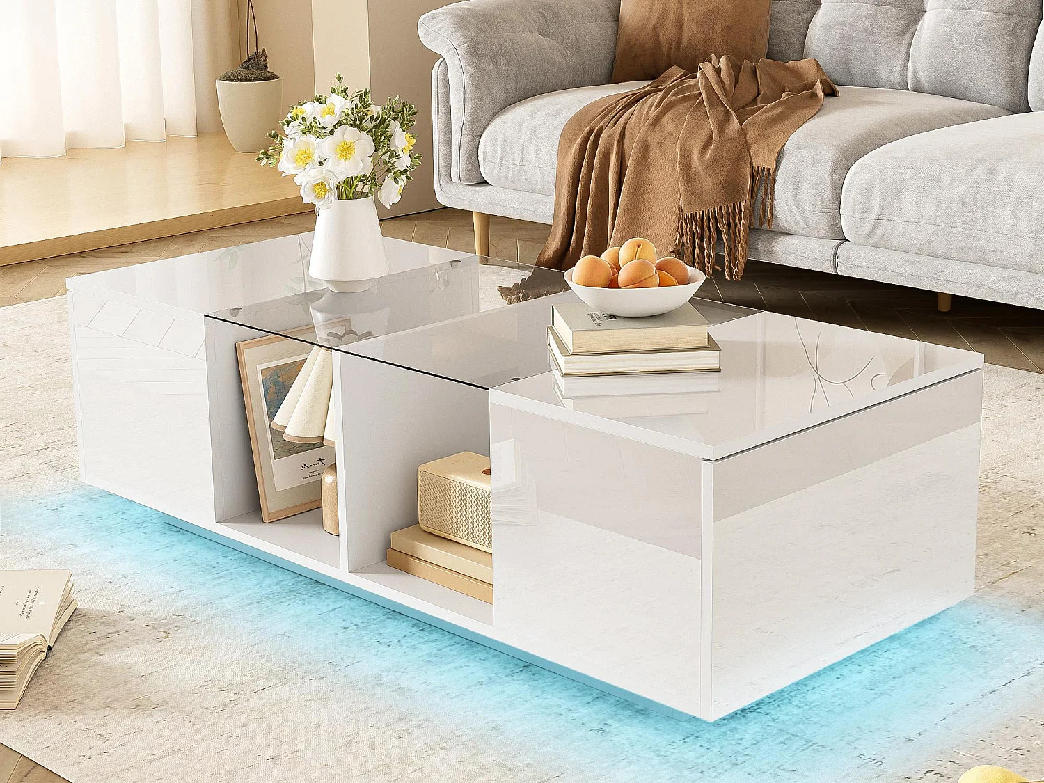 Salontafel met multi-color LED - 2 neerklapbare deuren en glazen plank - Wit