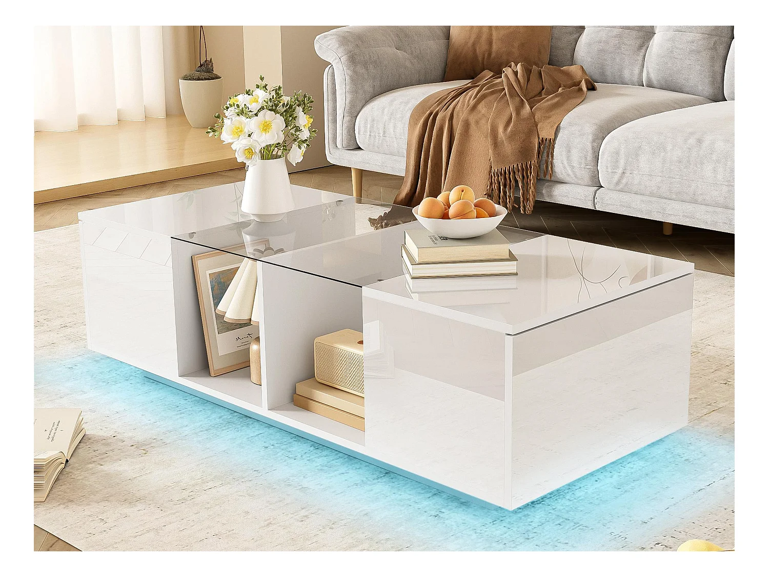 Table basse avec LED multicolore - 2 portes abattantes et étagère en verre - Blanc