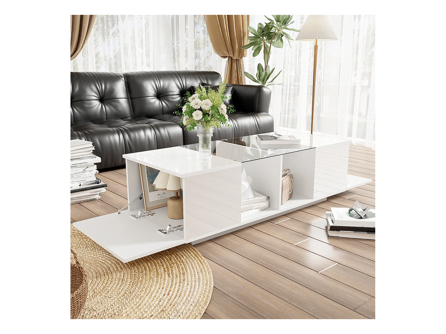 Table basse avec LED multicolore - 2 portes abattantes et étagère en verre - Blanc