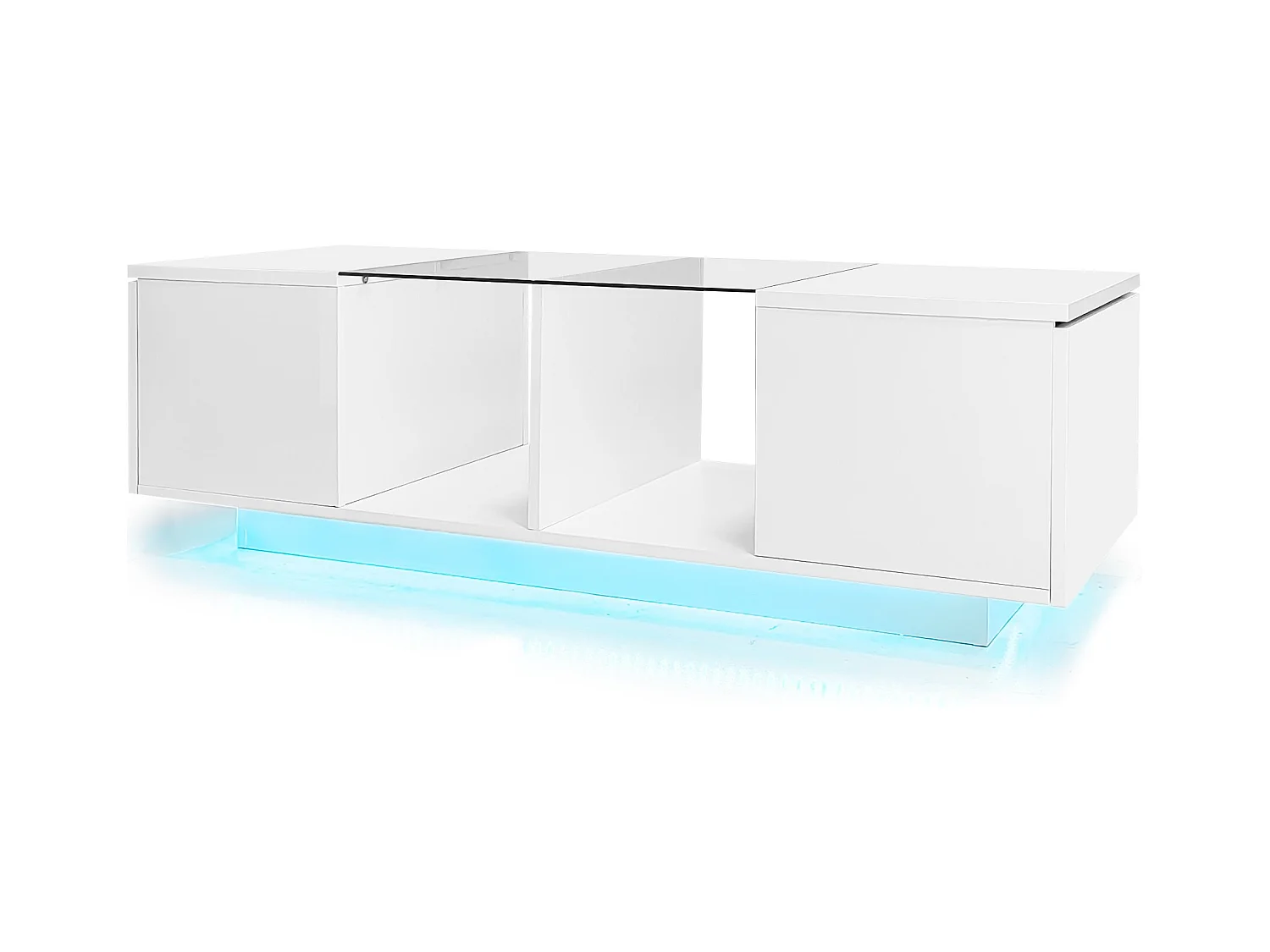 Table basse avec LED multicolore - 2 portes abattantes et étagère en verre - Blanc
