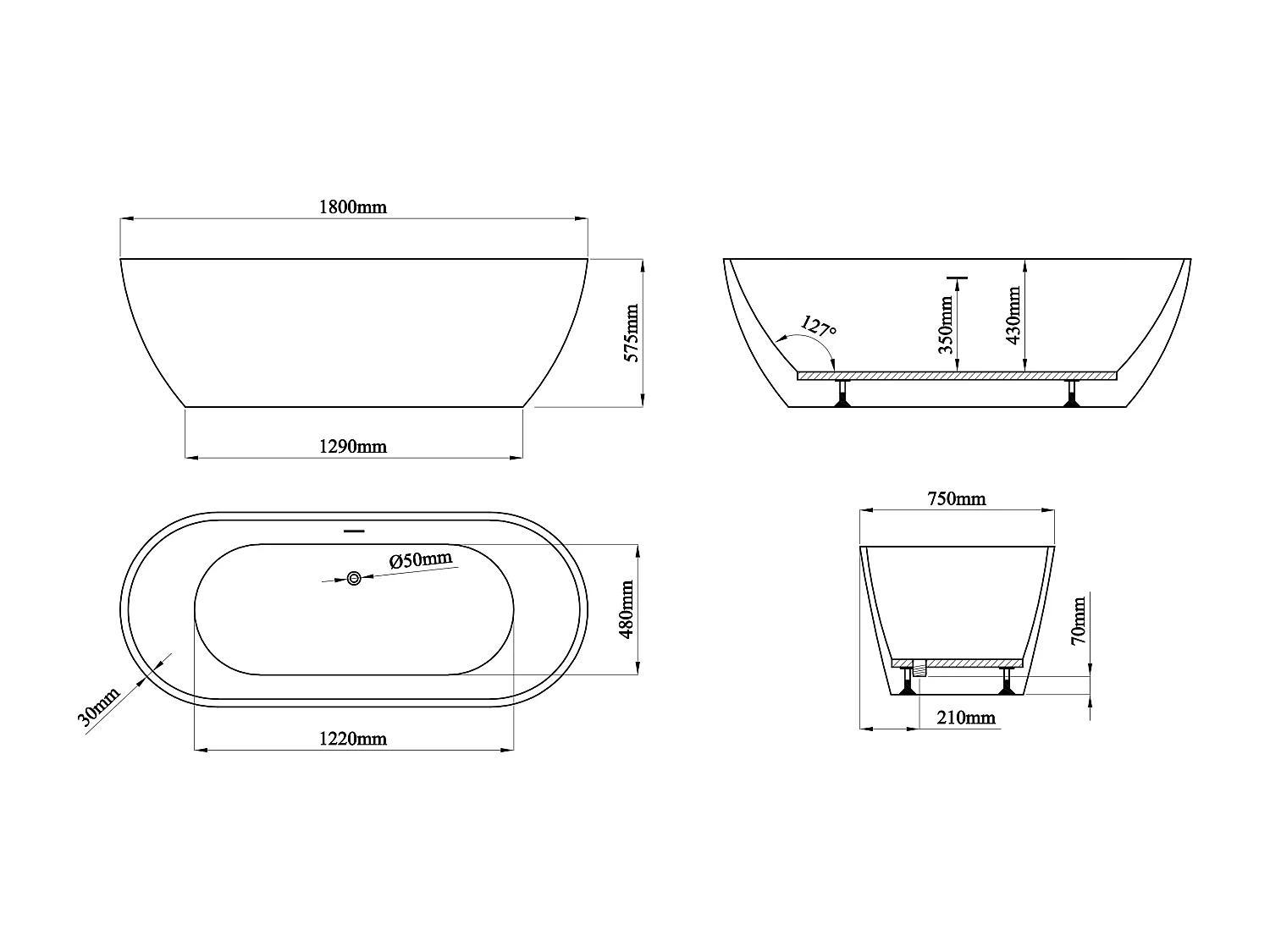 Banheira clássica branca 217 L acrílico 180 x 75 x 57 cm - SAROFA