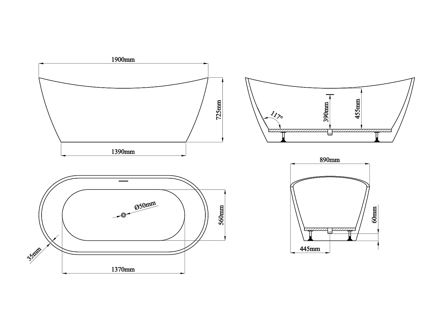Freistehende Badewanne - 360 l - Acryl - 190 x 89 x 72 cm - Weiß - BORAZA