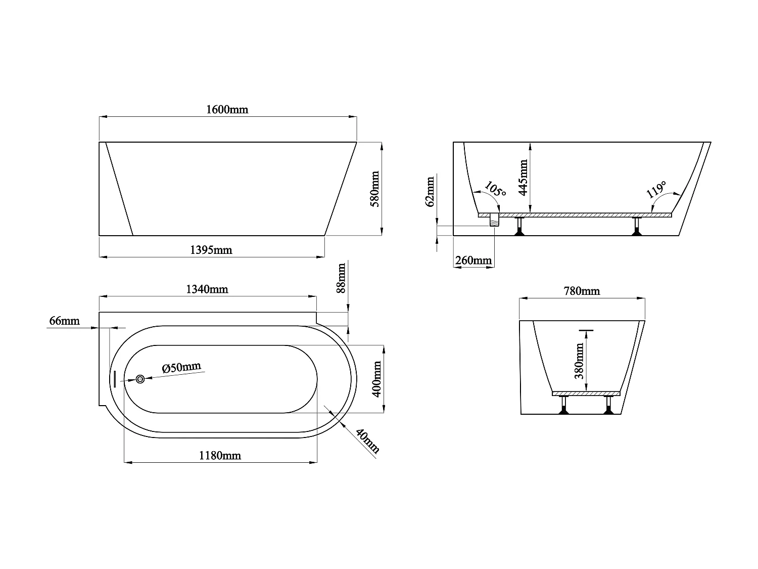 Wit hoekbad - 225L - Acryl - 160 x 78 x 58 cm - Hoek links - RIVASO