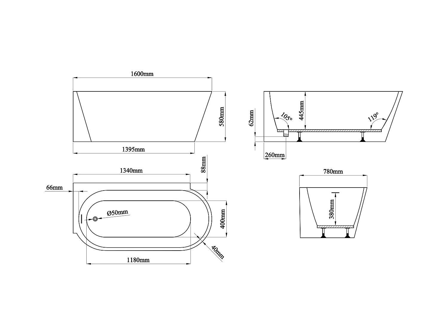 Eckbadewanne - 225 l - Acryl - 160 x 78 x 58 cm - Ecke links - Weiß - RIVASO