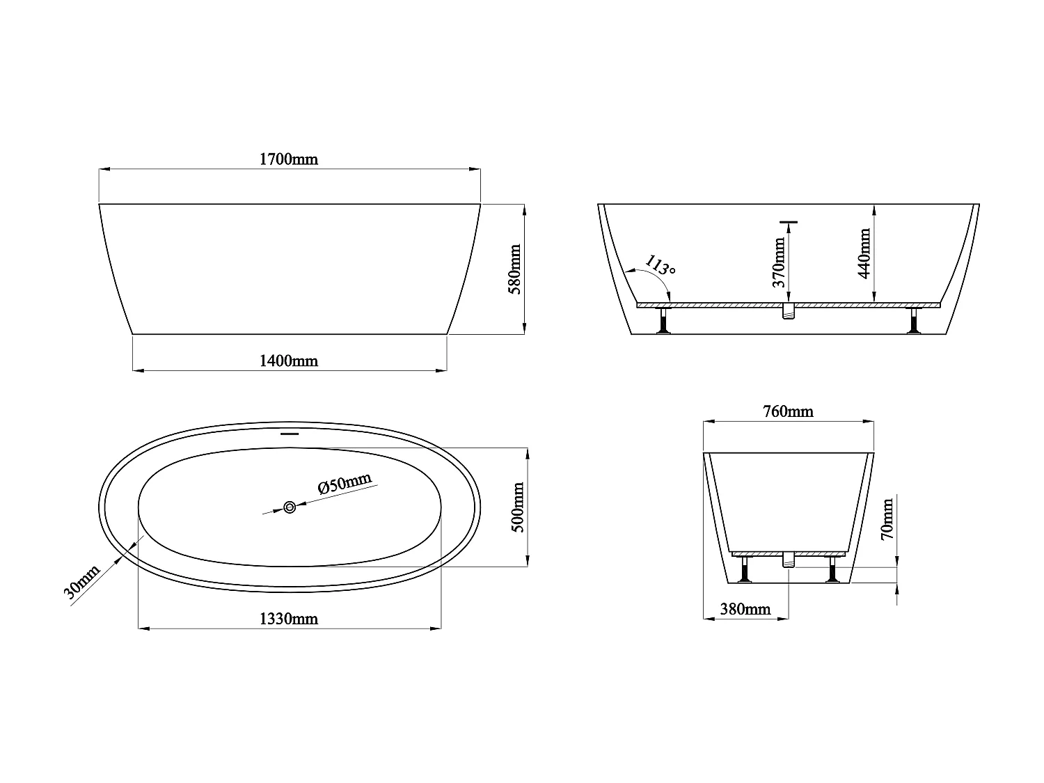 Freistehende Badewanne - 250 l - Acryl - 170 x 76 x 58 cm - Weiß - YAMISA