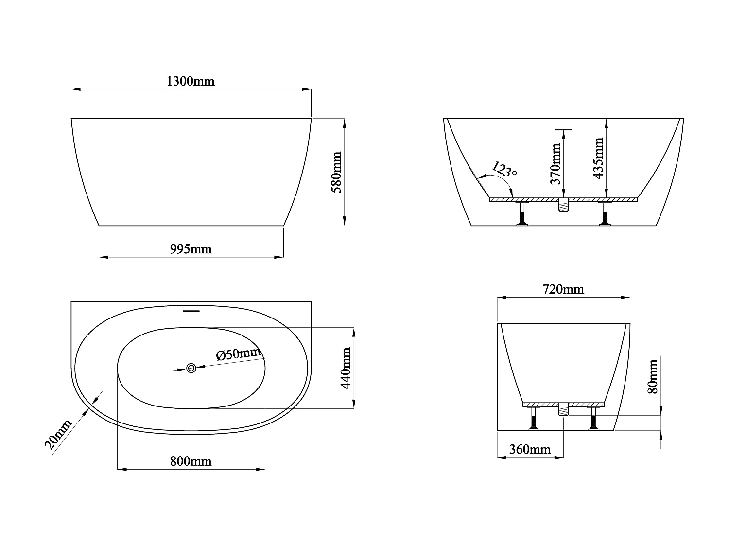 Vasca da bagno semi-freestanding bianca 167 litri 130 x 72 x 58 cm Acrilico - AMOSARI