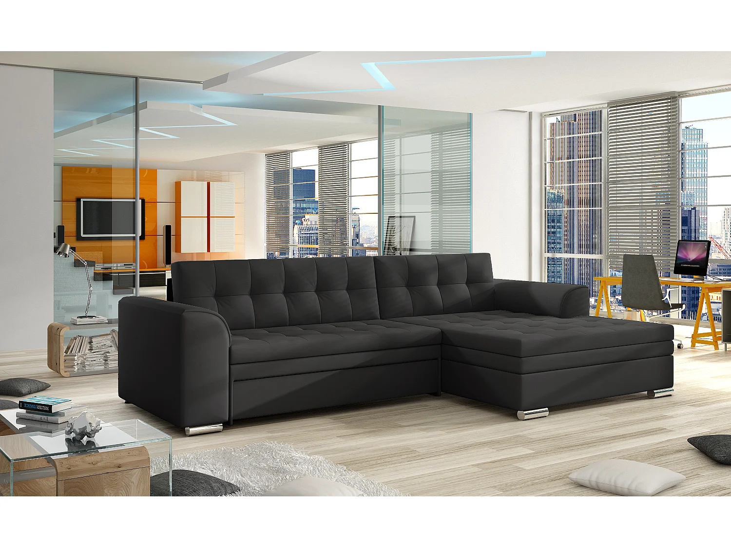 Canapé Convertible "Dubaï" 270cm Angle Droit Noir