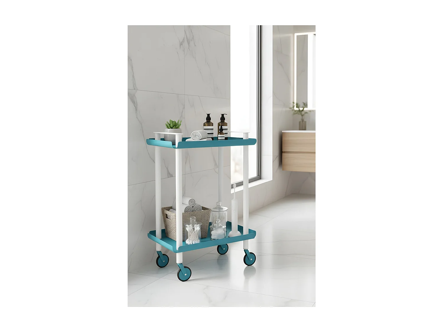 Carrello da Cucina/Portaoggetti  in metallo con 2 ripiani, struttura bianca, LEKY