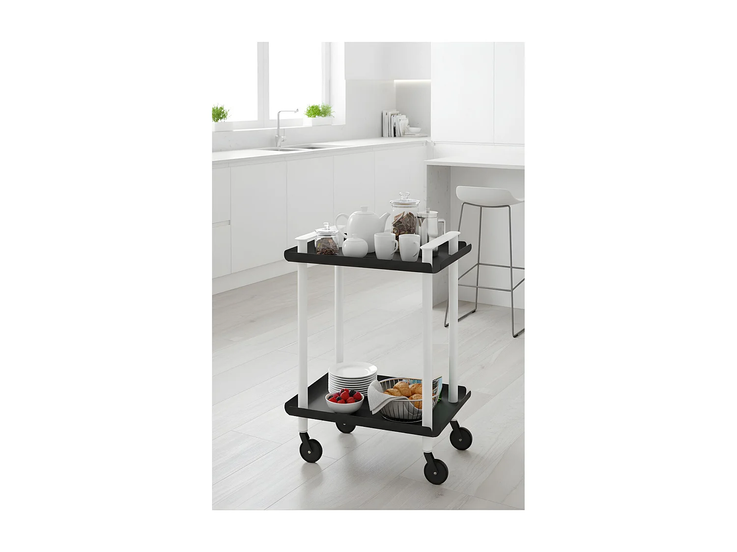 Desserte à roulettes, desserte de service Leky, métallique, 2 niveaux. Structure blanche