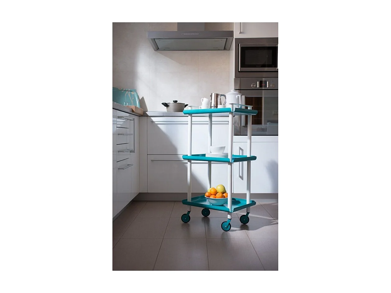 Desserte à roulettes, desserte de service Leky, 3 plateaux. Structure métallique tube à double montant blanc