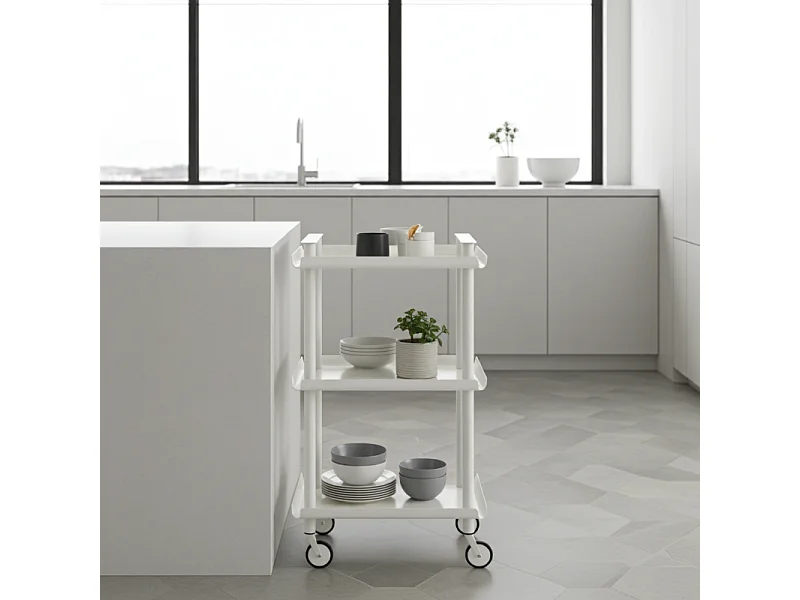 Carrello da Cucina/Portaoggetti  in metallo con 3 ripiani, struttura bianca, LEKY