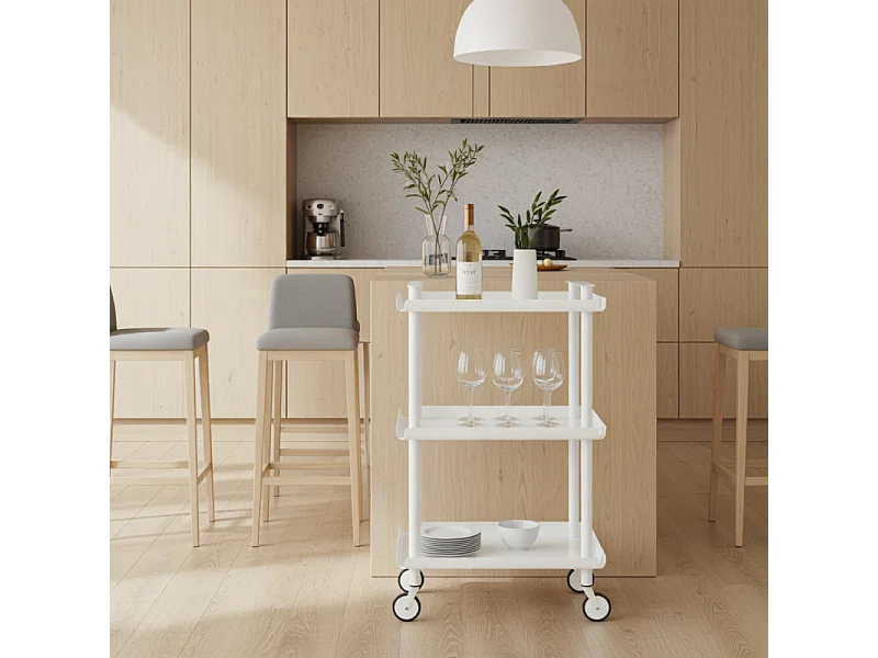 Servierwagen, Rollregal mit 3 Ebenen, Metall, weißer Rahmen, LEKY