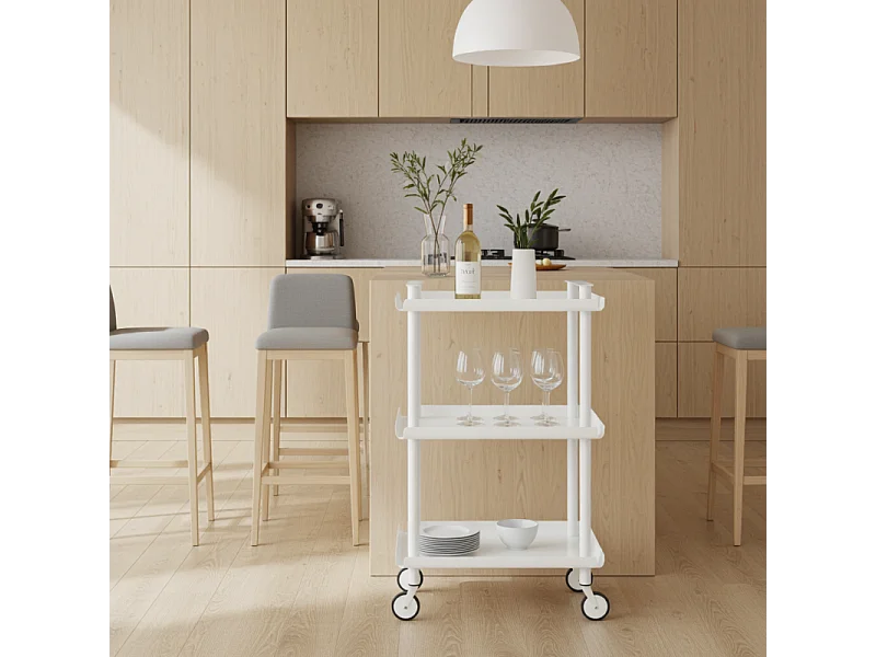 Carrello da Cucina/Portaoggetti  in metallo con 3 ripiani, struttura bianca, LEKY