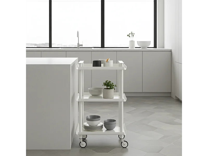 Carrello da Cucina/Portaoggetti  in metallo con 3 ripiani, struttura bianca, LEKY