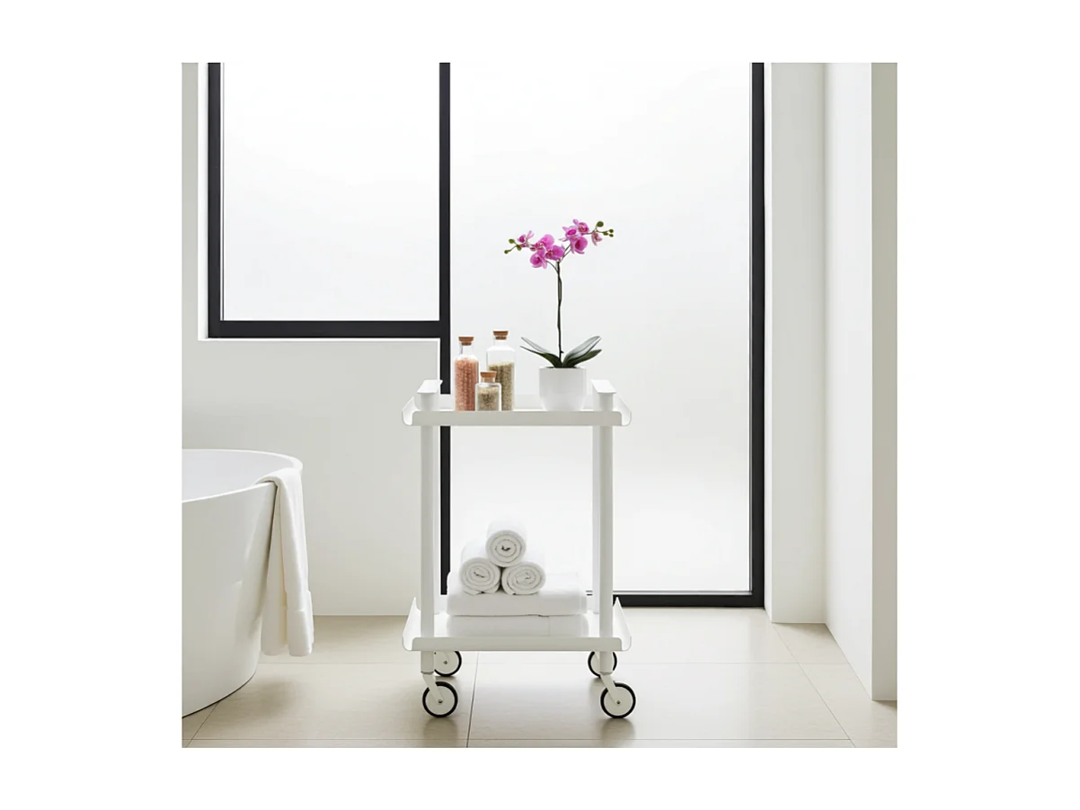 Desserte à roulettes, desserte de service Leky, métallique, 2 niveaux. Structure blanche