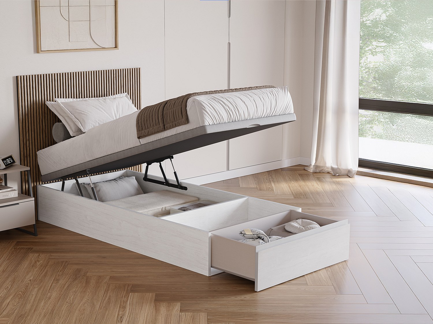 Bettgestell mit Bettkasten mit Schublade - 90 x 200 cm - Weiß - HESTIA von günstig online kaufen