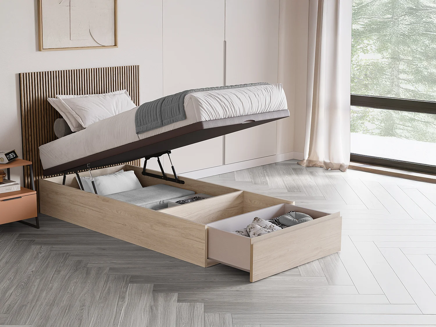 Sommier coffre avec tiroir 90 x 200 cm - Naturel clair - HESTIA de YSMÉE