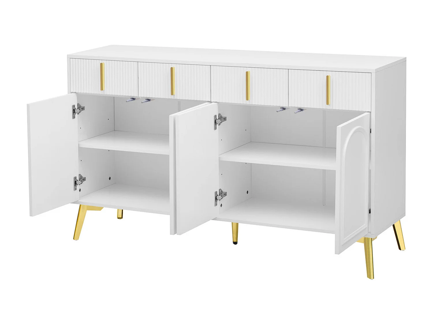 Credenza 140x37,8x82cm - con 4 ante, 4 cassetti, maniglie e piedini dorati - laminato sfoderabile - Bianco